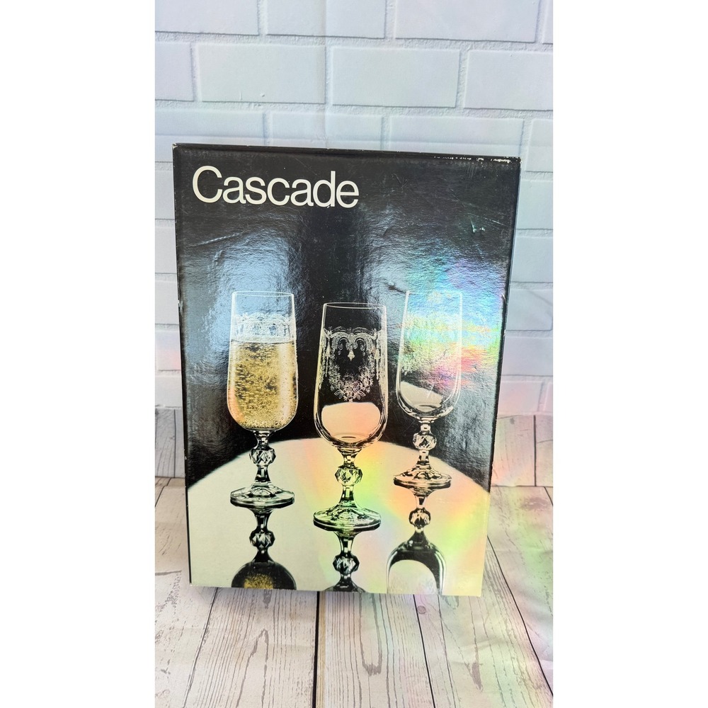 Cascade Fine Lead Crystal Champagne Flutes Set of 6 Etched Floral 180ml Boxed
